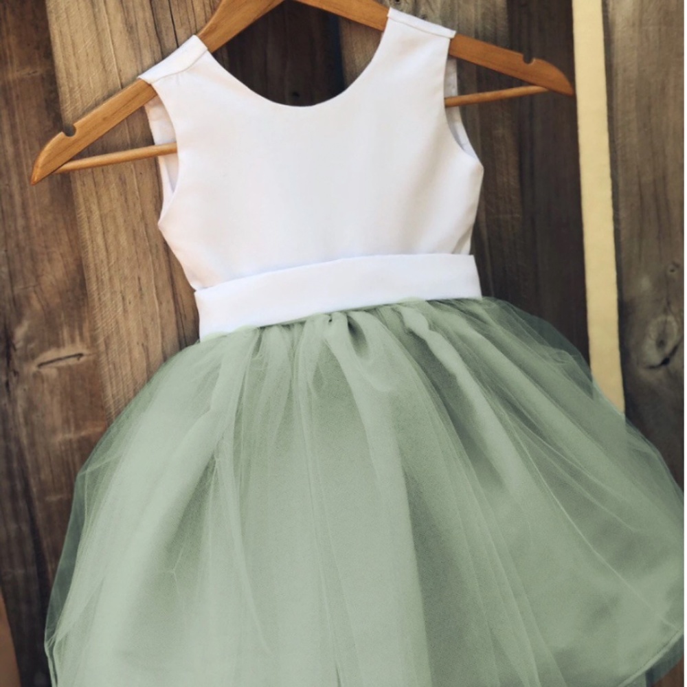 Adorable Handmade 3T Flower Girl Dress (white satin & sage green tulle)